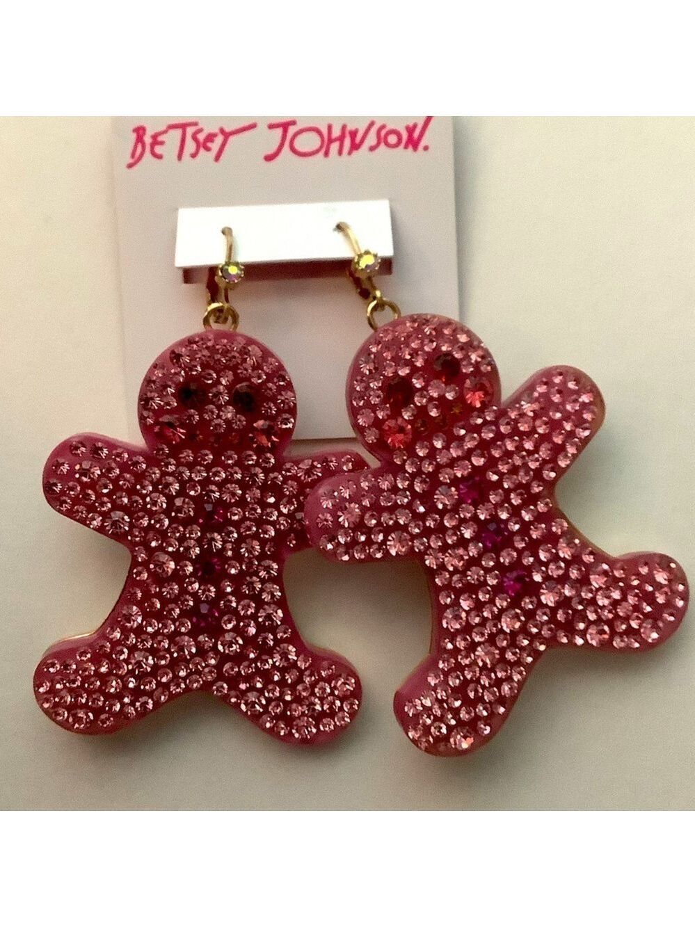 Betsey Johnson Christmas Pink Gingerbread Boy Large Earrings New
